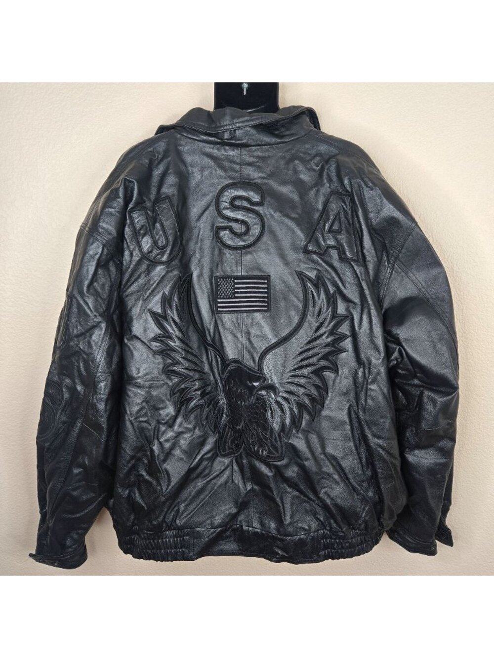 Vintage Mens 5XL Black USA Eagle Bomber Jacket American Flag Motorcycle Biker